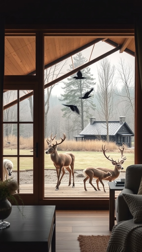 A cozy cabin view with deer grazing outside and birds flying in the sky.