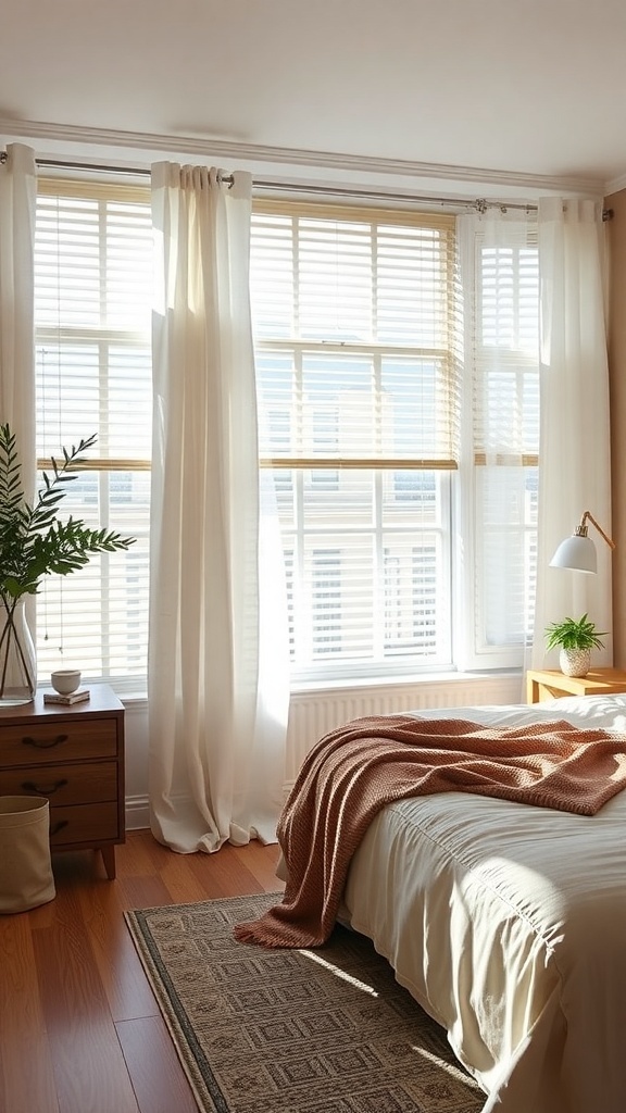 Bright bedroom with sheer curtains and wooden blinds, featuring a cozy bed and a plant.