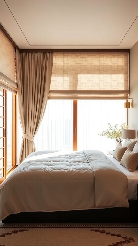 A serene Japandi bedroom featuring layered window treatments for privacy, with soft neutral tones and natural light.