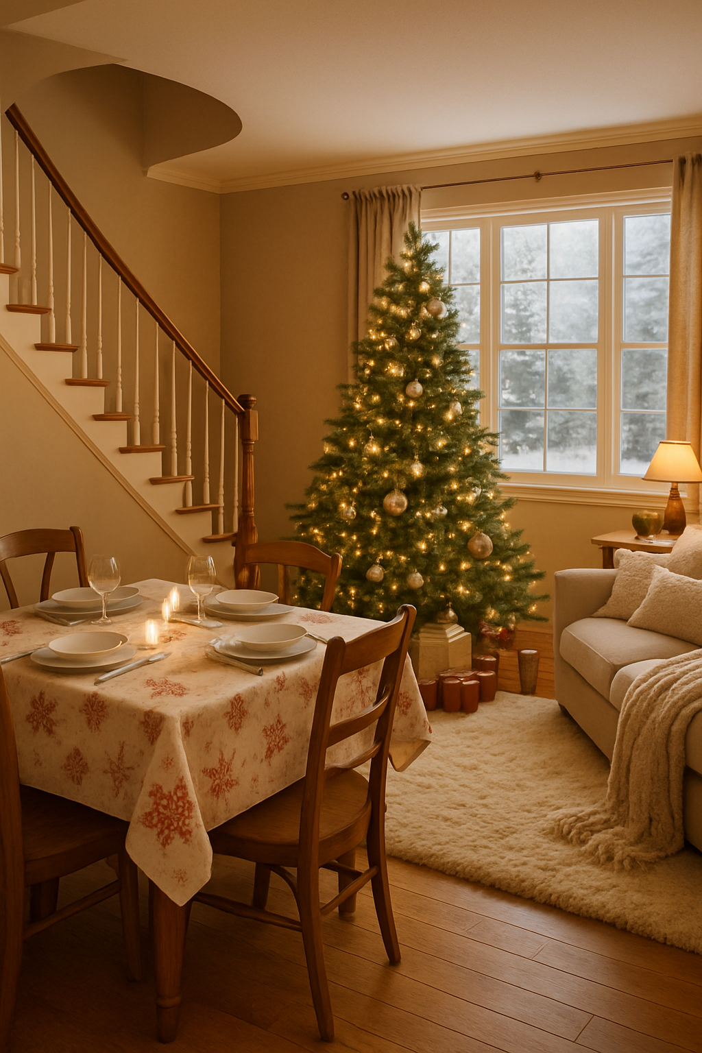 A cozy dining area with a winter-themed tablecloth featuring snowflakes, set with plates and candles, alongside a decorated Christmas tree.