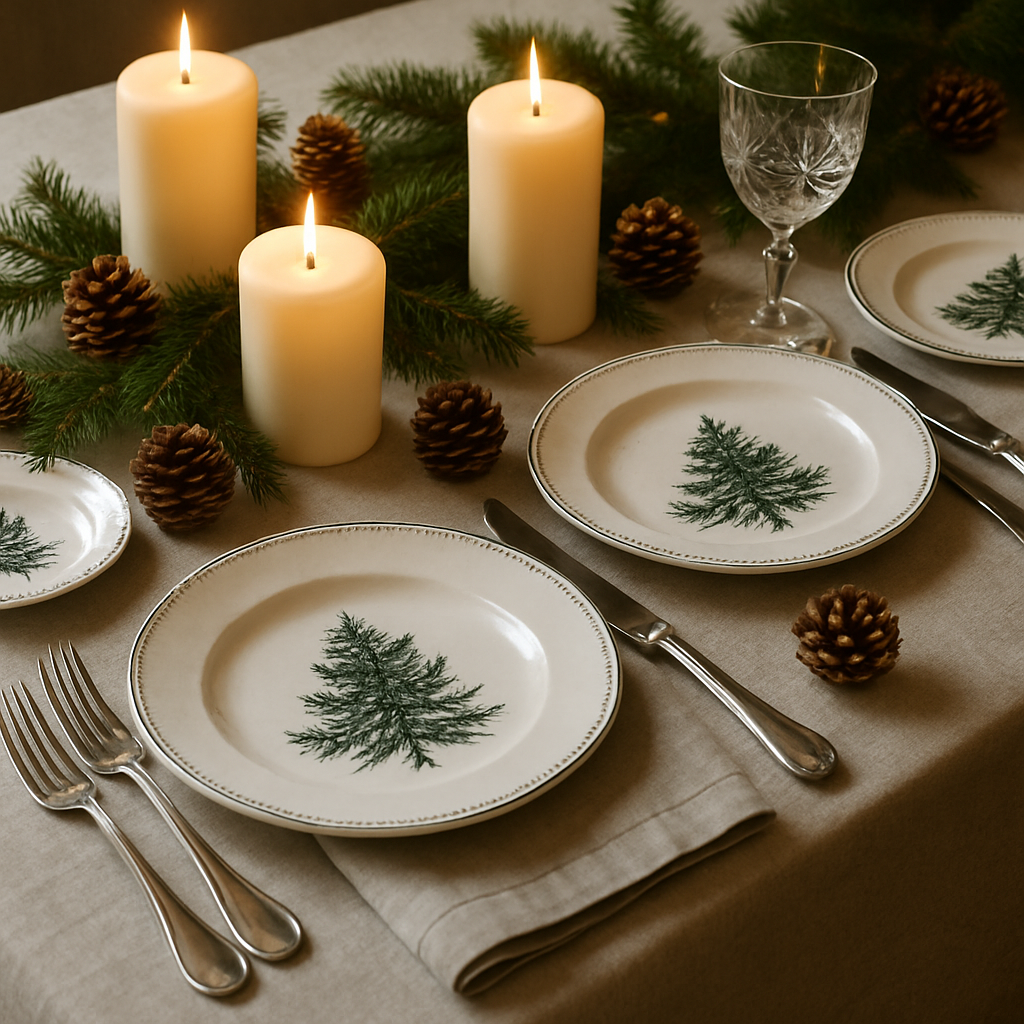 Winterliches Tischsetting mit Kerzen, Tannenzweigen und festlichen Tellern