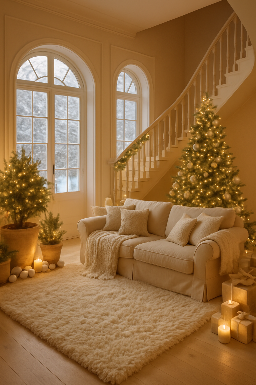 Cozy winter living room with a sofa, potted trees, candles, and a fluffy rug.