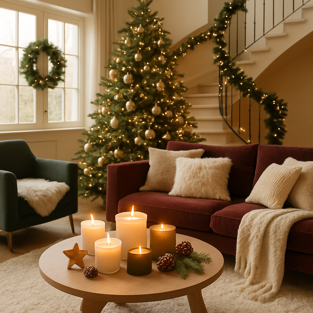 Gemütliche Winterdekoration mit Kerzen, einem roten Sofa und einem Weihnachtsbaum im Hintergrund