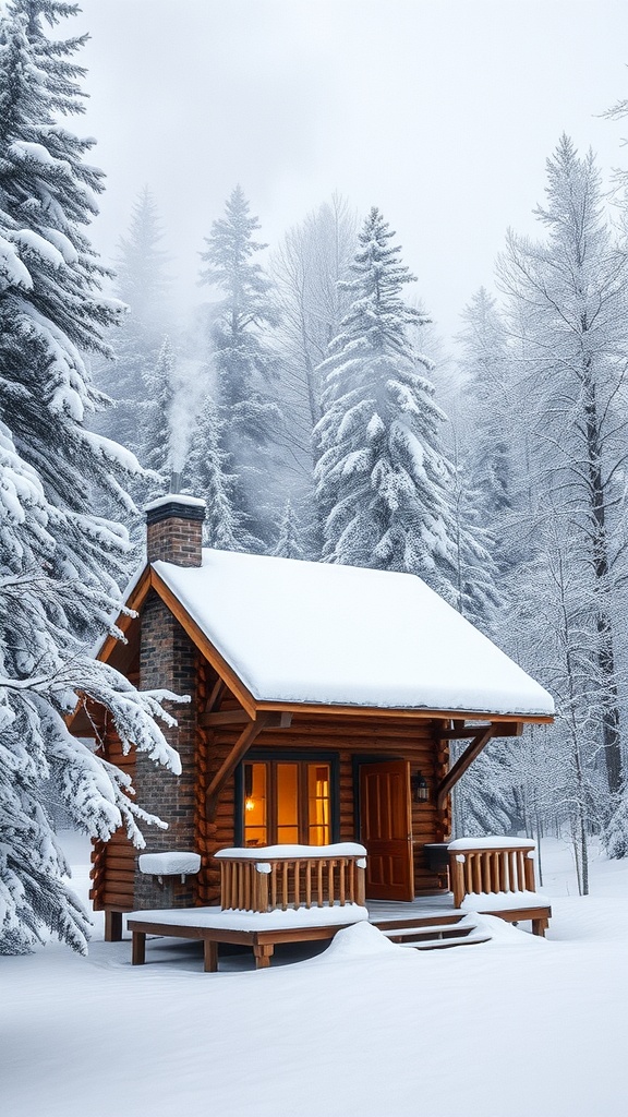 A cozy wooden cabin in a snowy landscape surrounded by tall trees.