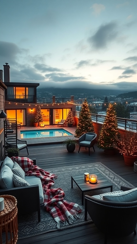 Gemütliche Dachterrasse mit Tannenbäumen, Kerzen und einem Pool im Hintergrund