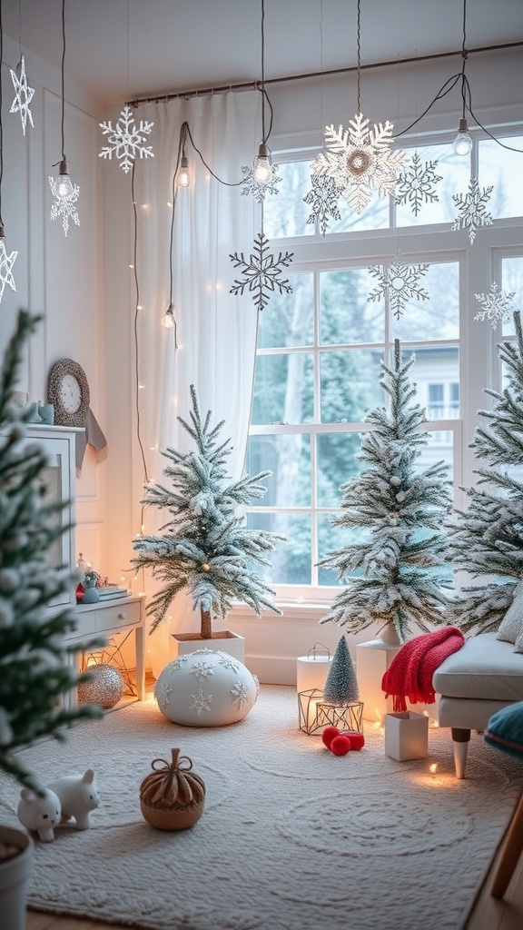 A cozy winter-themed room with snowy trees, soft lighting, and festive decorations.