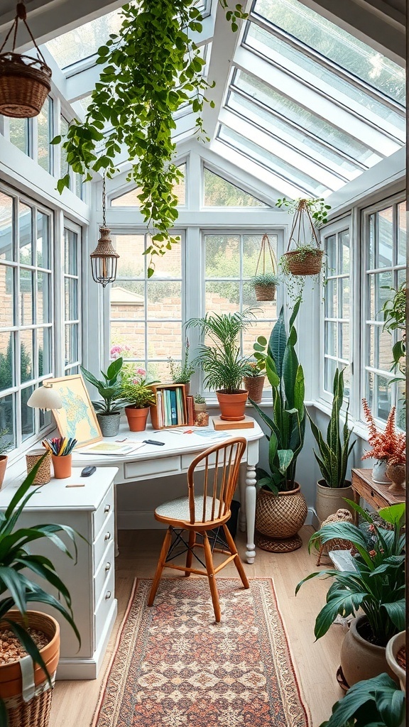 Moderner Wintergarten als kreativer Arbeitsraum mit Schreibtisch und Pflanzen