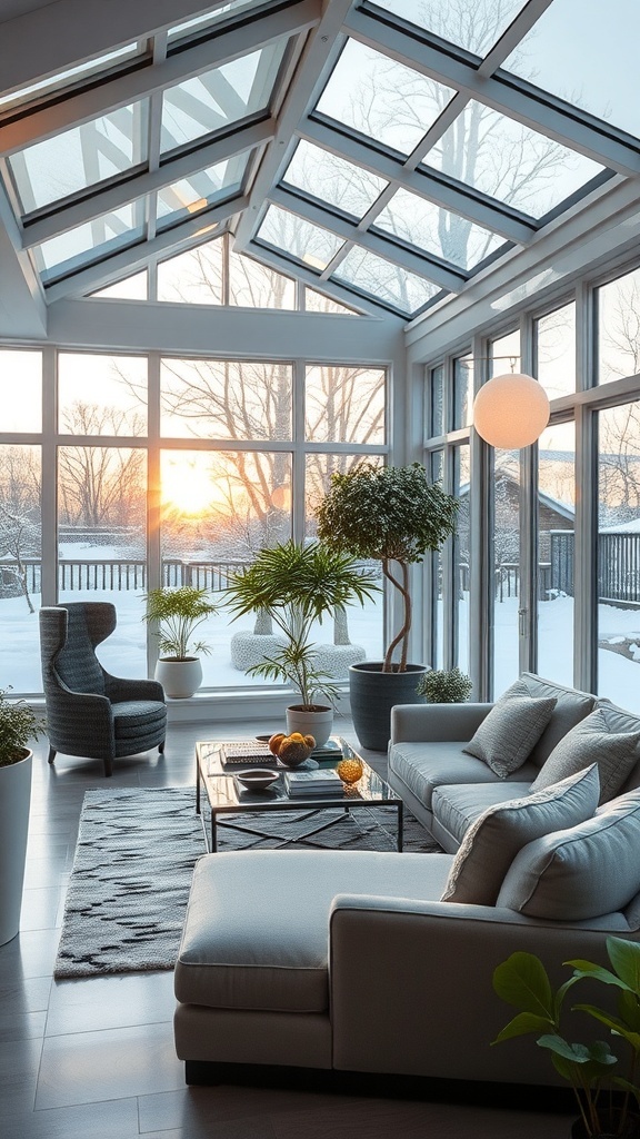 Gemütlicher Wintergarten mit großen Fenstern, Pflanzen und modernen Möbeln