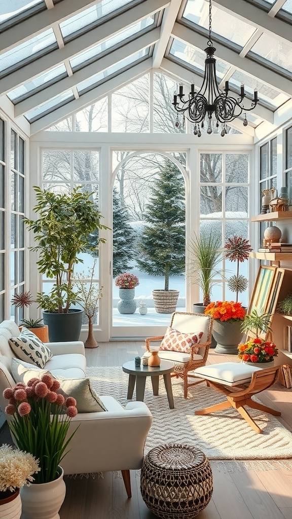 Ein heller Wintergarten mit Pflanzen, gemütlichen Möbeln und Blick auf die verschneite Landschaft.