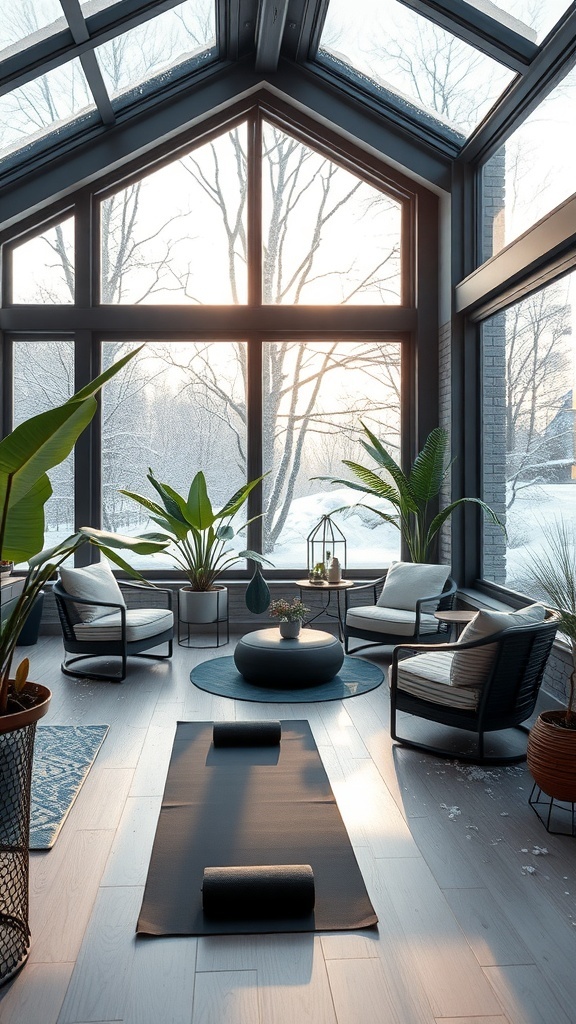 Ein moderner Wintergarten mit großen Fenstern, Pflanzen und einer Yogamatte für entspannende Yoga-Sessions.