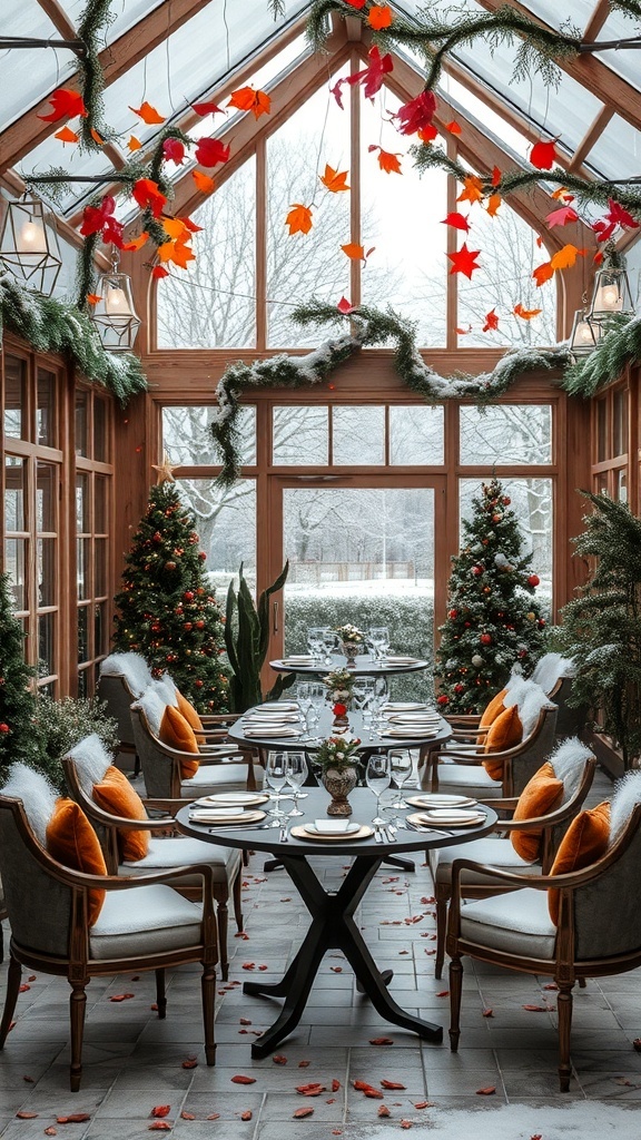 Ein festlich dekorierter Wintergarten mit einem gedeckten Tisch, Weihnachtsbäumen und bunten Blättern.
