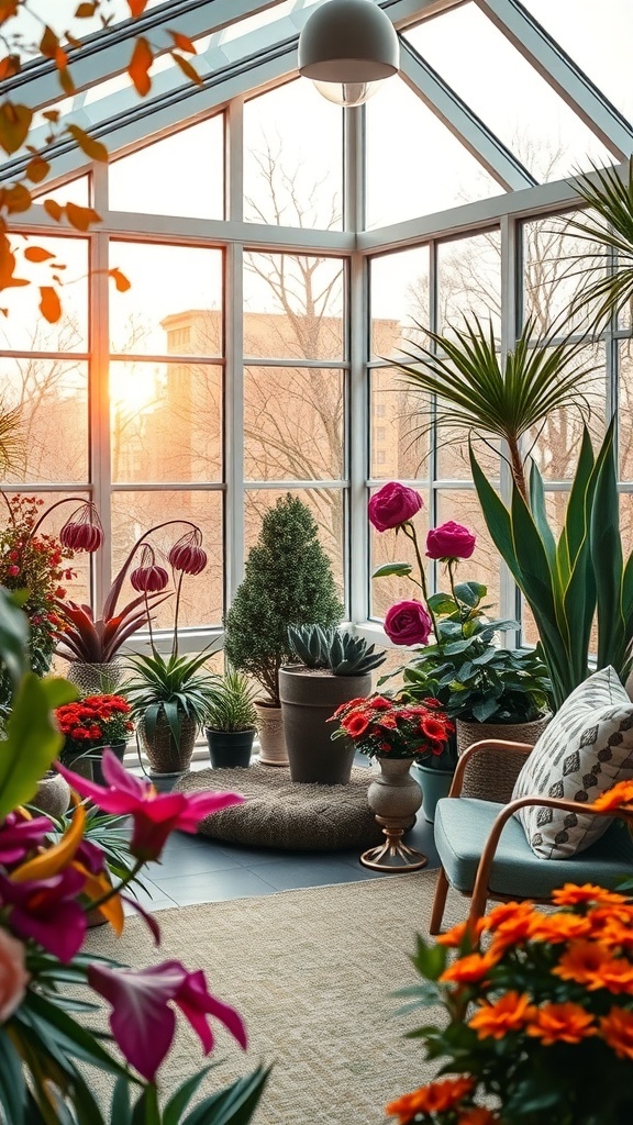 Ein heller Wintergarten mit vielen Pflanzen und gemütlichen Sitzgelegenheiten.