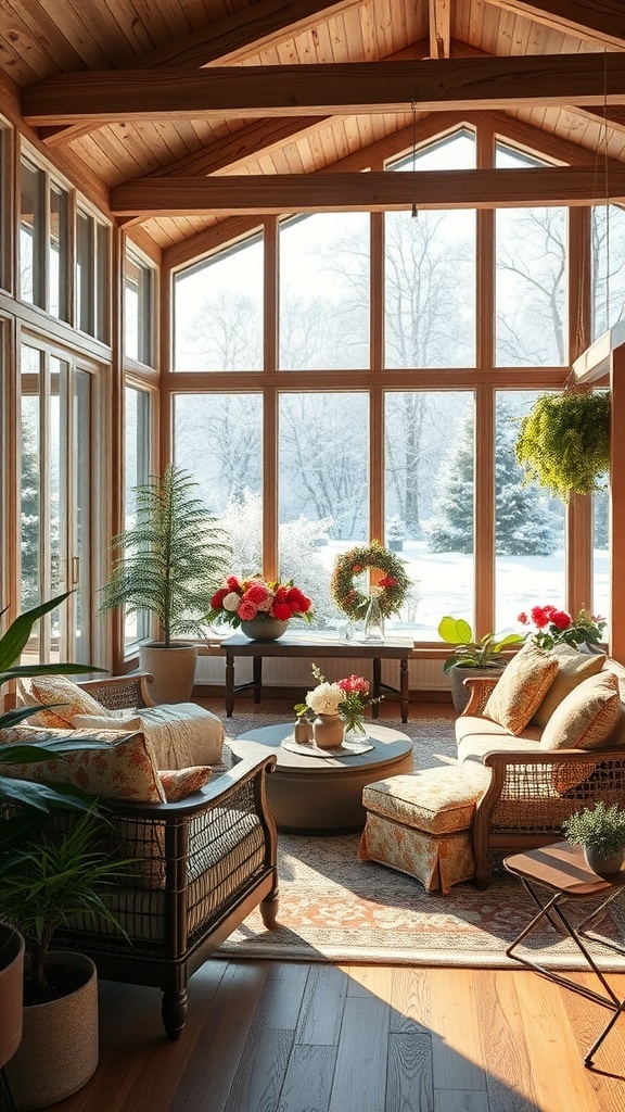 Gemütlicher Wintergarten im Landhausstil mit großen Fenstern, Holzdetails und bequemen Möbeln