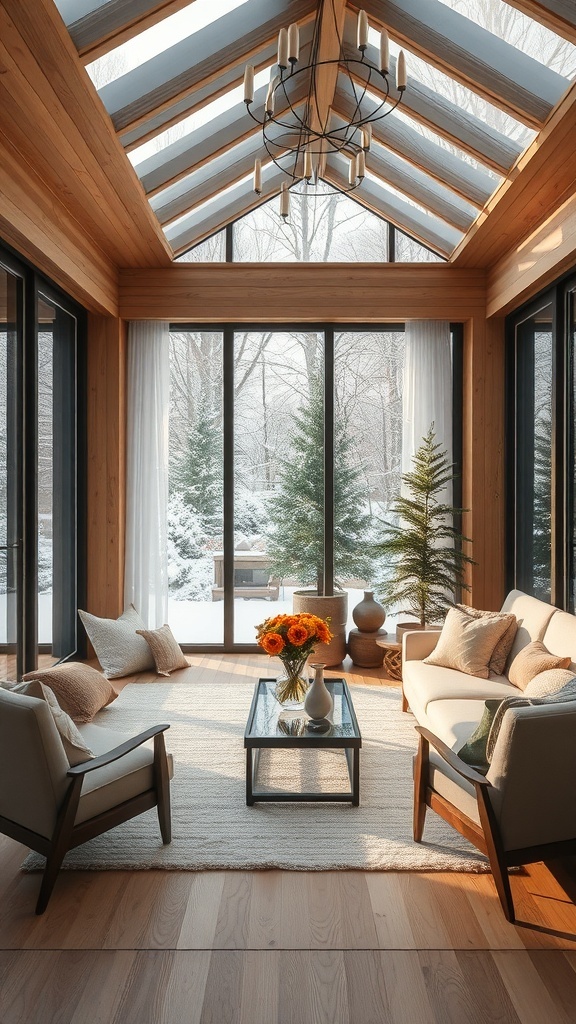 Wintergarten im skandinavischen Stil mit großen Fenstern, Holzverkleidung und gemütlichen Möbeln