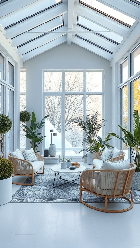 Wintergarten im skandinavischen Stil mit großen Fenstern, Rattansesseln und Pflanzen