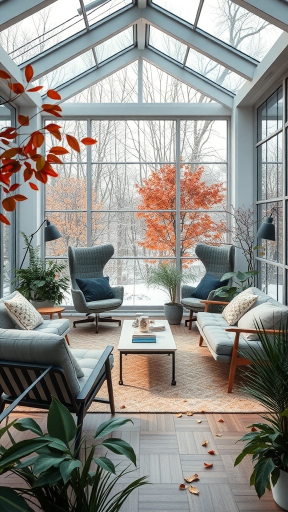 Gemütlicher Wintergarten mit Arbeitsbereich, großen Fenstern und Pflanzen