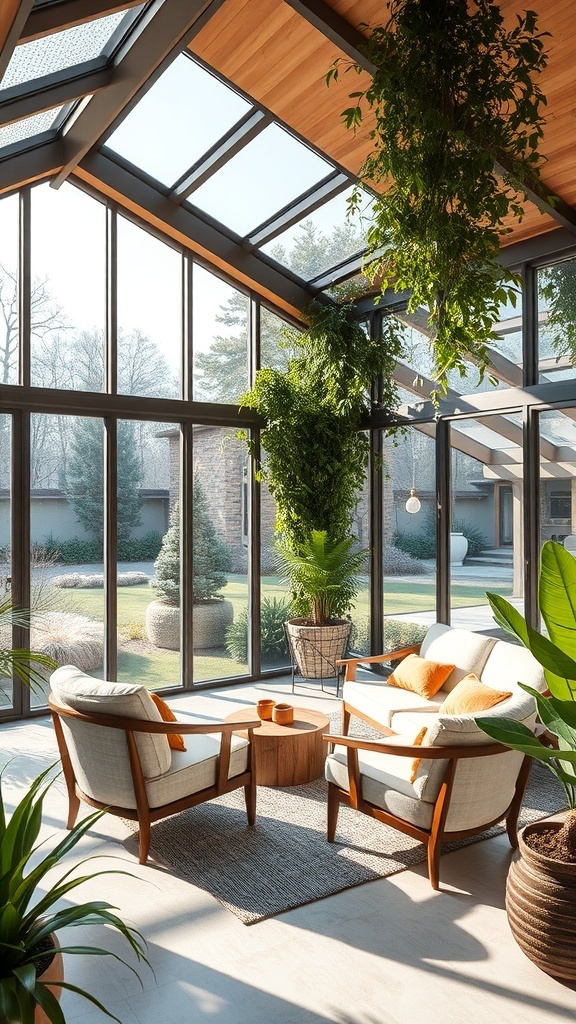 Moderner Wintergarten mit Blick auf den Garten, große Fenster, Pflanzen und gemütliche Sitzgelegenheiten.