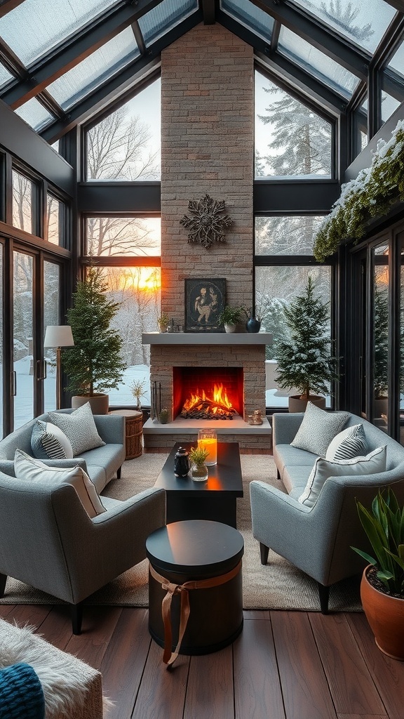 Gemütlicher Wintergarten mit Kamin und Blick auf die winterliche Landschaft
