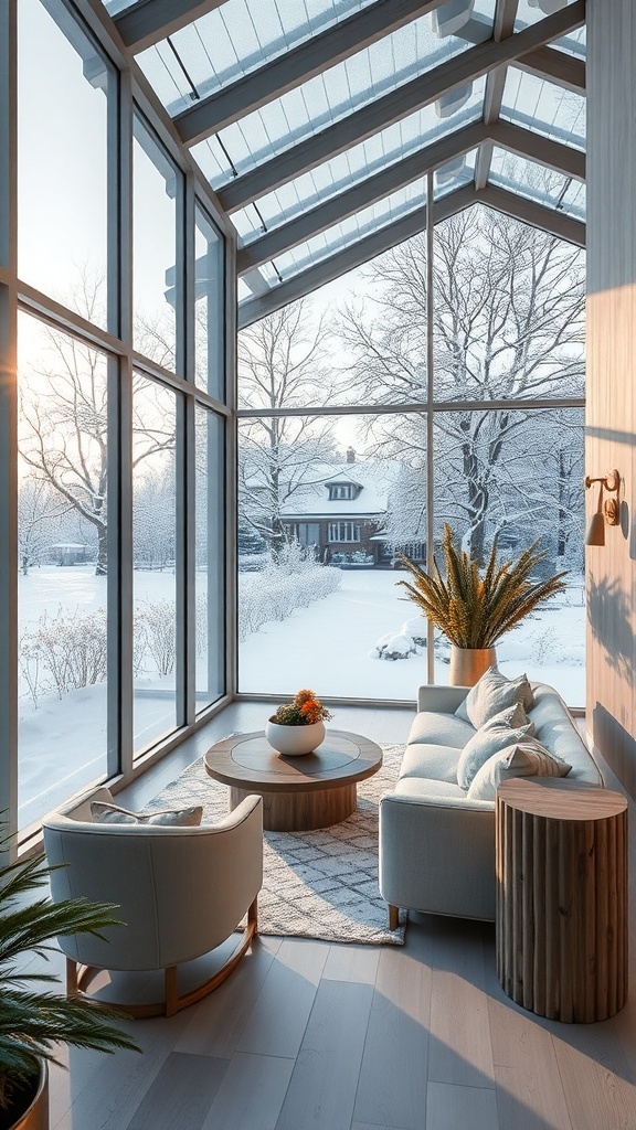 Wintergarten mit großen Glasfronten, Blick auf verschneite Landschaft, modernes und gemütliches Interieur