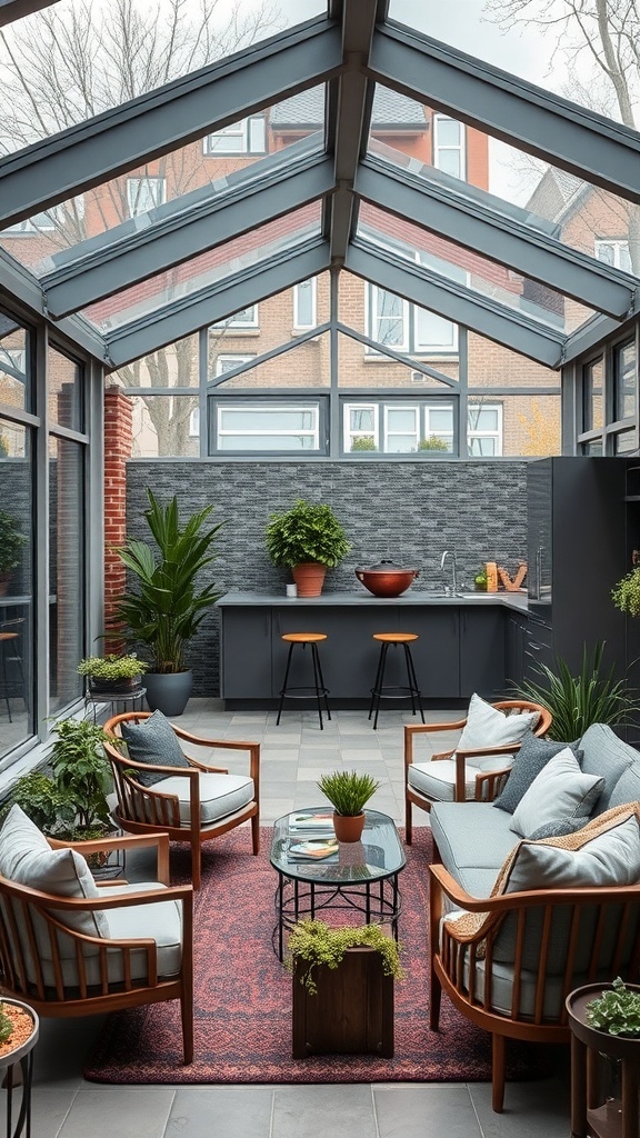 Moderner Wintergarten mit integrierter Küche und gemütlichen Sitzgelegenheiten
