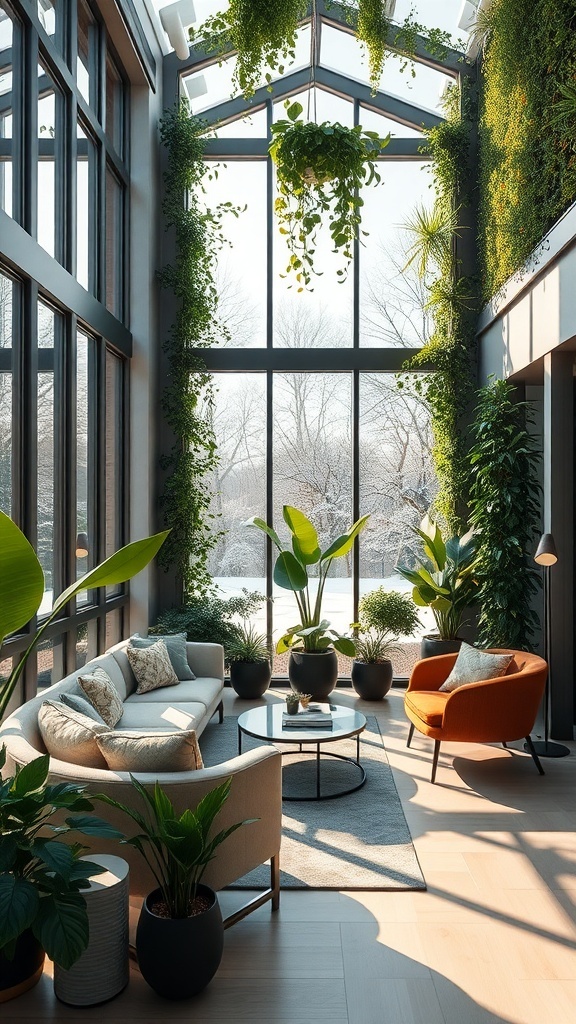 Wintergarten mit Pflanzenwand und modernen Möbeln