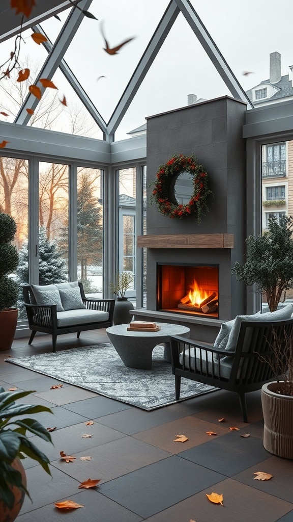 Wintergarten mit Kamin, gemütliche Möbel und festliche Dekoration