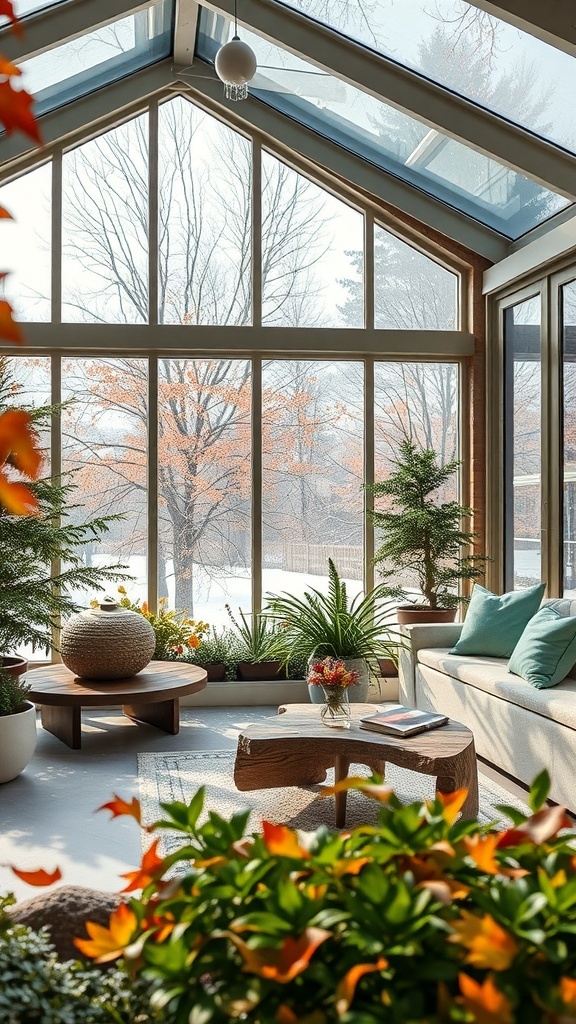 Heller Wintergarten mit großen Fenstern, Holz-Möbeln und vielen Pflanzen