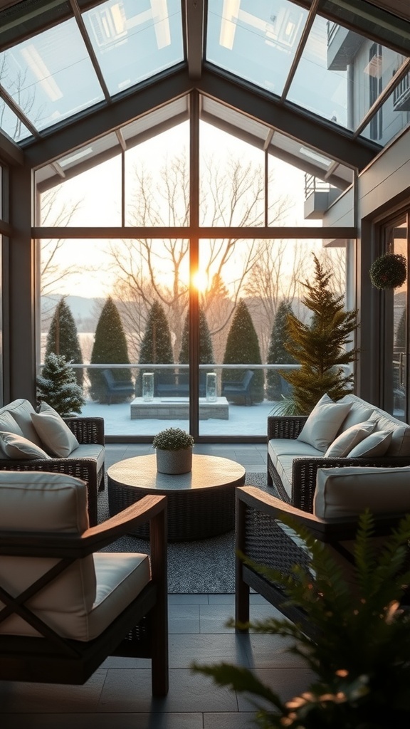 Gemütlicher Wintergarten mit Outdoor-Möbeln und Blick auf die winterliche Landschaft