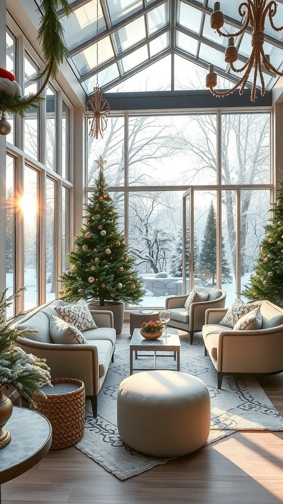 Gemütlicher Wintergarten mit Weihnachtsbäumen und moderner Einrichtung