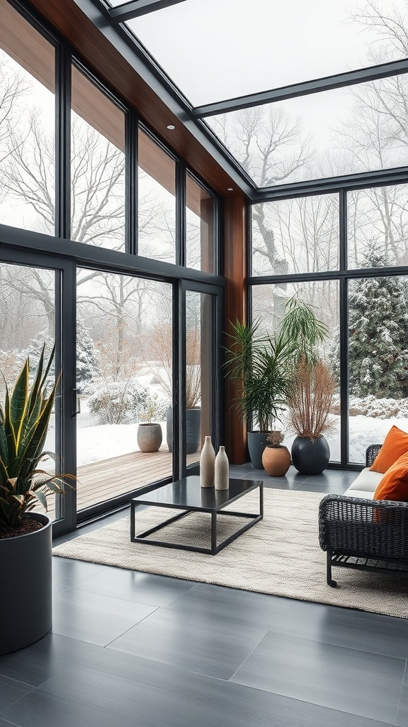 Moderner Wintergarten mit Schiebetüren, stilvollen Möbeln und Pflanzen