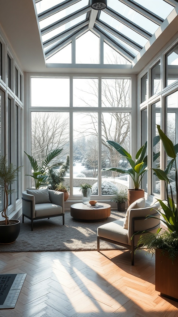 Gemütlicher Wintergarten mit schwenkbaren Fenstern, modernen Möbeln und Pflanzen