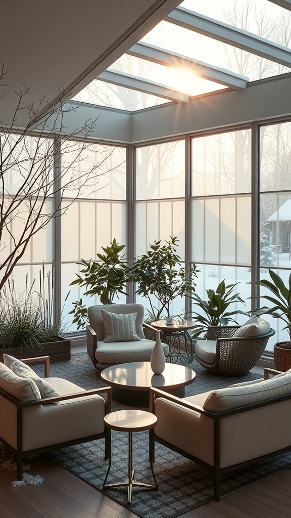 Modernes Wintergarten-Interieur mit Pflanzen und Sichtschutz