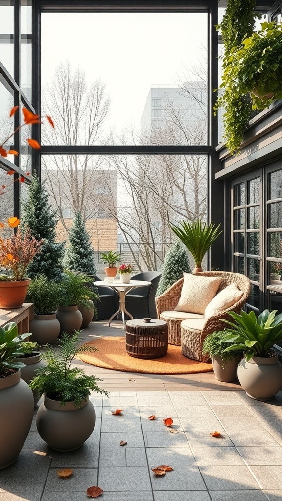 Ein stilvoller Wintergarten mit Pflanzen, gemütlichen Möbeln und großen Fenstern.