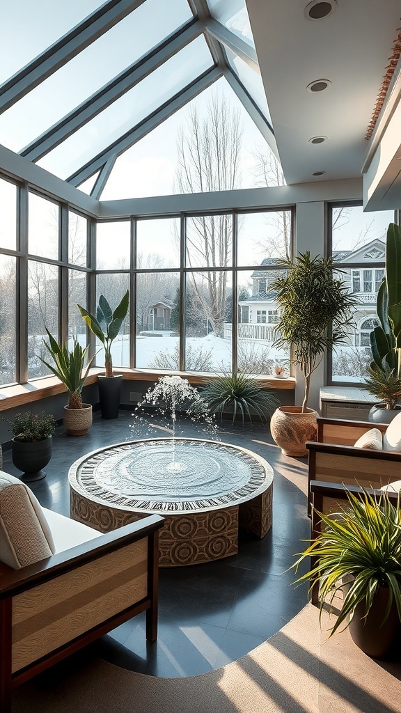 Wintergarten mit Wasser-Elementen, großen Fenstern und Pflanzen