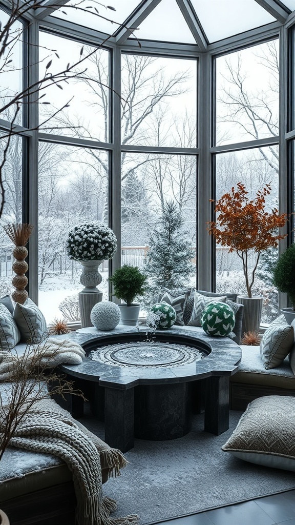 Wintergarten mit Wassermerkmalen, runder Tisch mit Wasserbecken, große Fenster, verschneite Landschaft