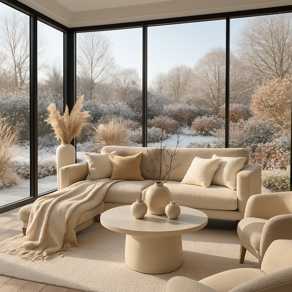 Moderner Wintergarten mit neutralen Farben und Blick auf eine verschneite Landschaft