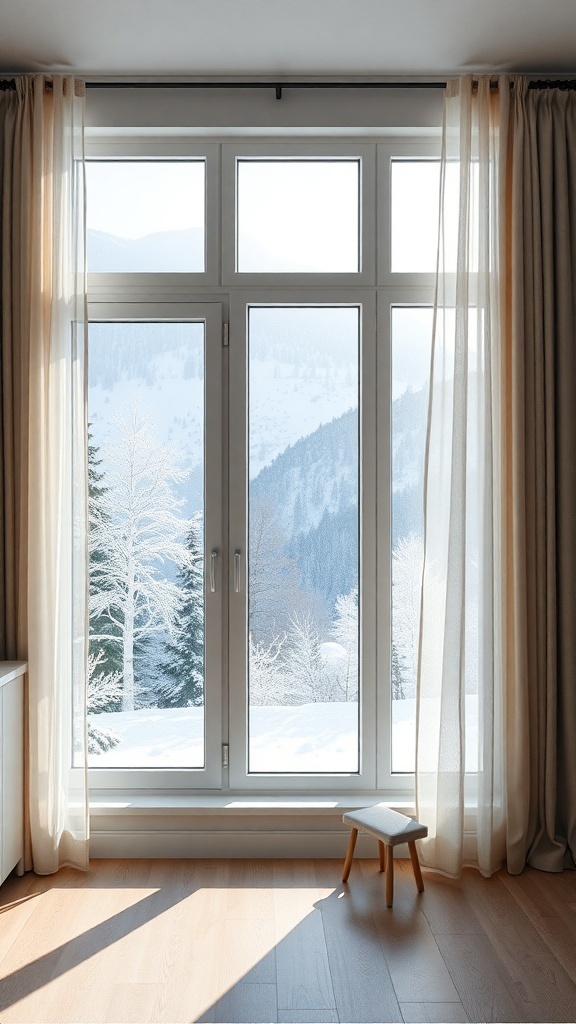 Ein helles Zimmer mit großen Fenstern, die einen Blick auf eine verschneite Landschaft bieten. Vor den Fenstern hängen helle Vorhänge, und ein kleiner Hocker steht davor.