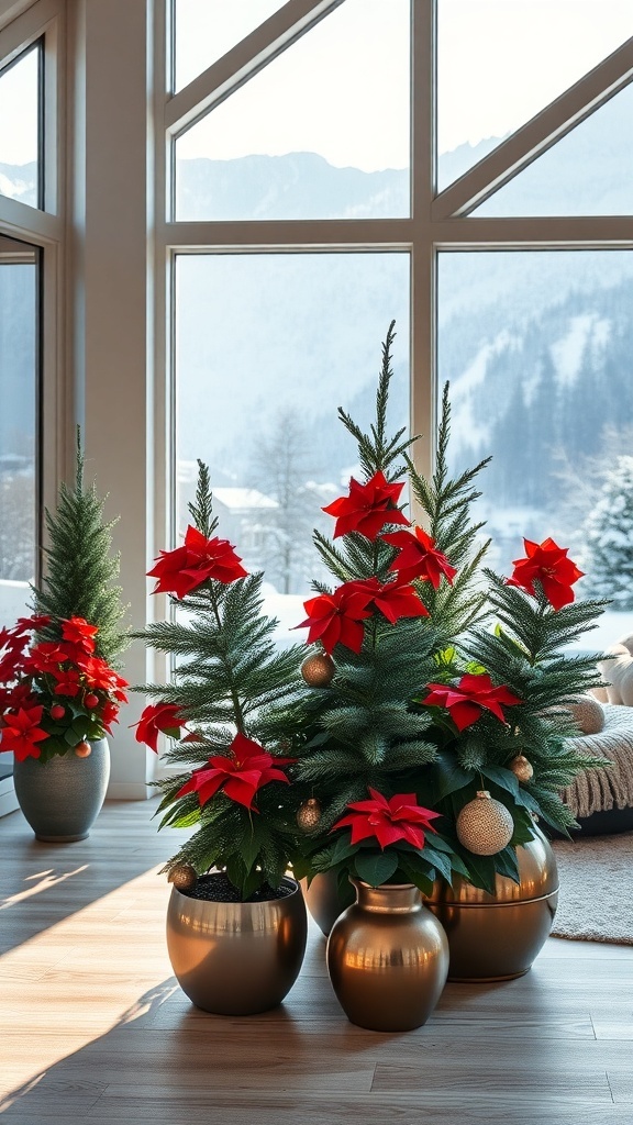 Winterliche Pflanzenarrangements mit Weihnachtssternen und Tannen in goldenen Töpfen vor einem großen Fenster