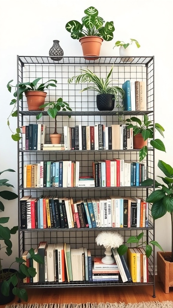 A wire shelf filled with books and potted plants, creating an open and airy feel.