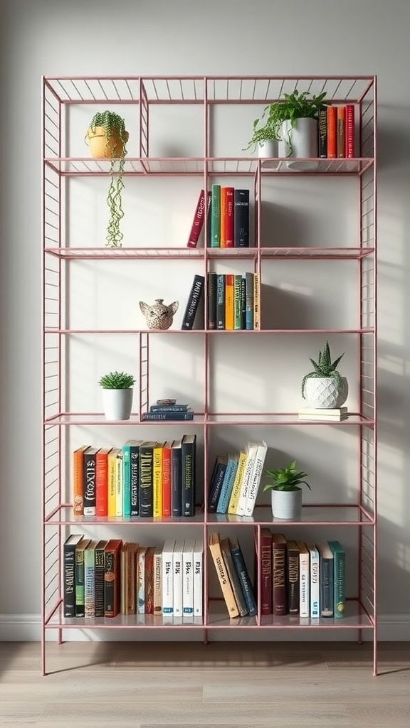 A pink wireframe bookshelf with books and potted plants, showcasing a light and airy design.