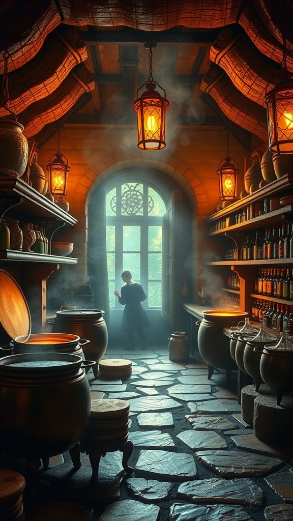 A witch's potion room filled with cauldrons, shelves of potions, and warm lantern light, with a figure standing by the window.