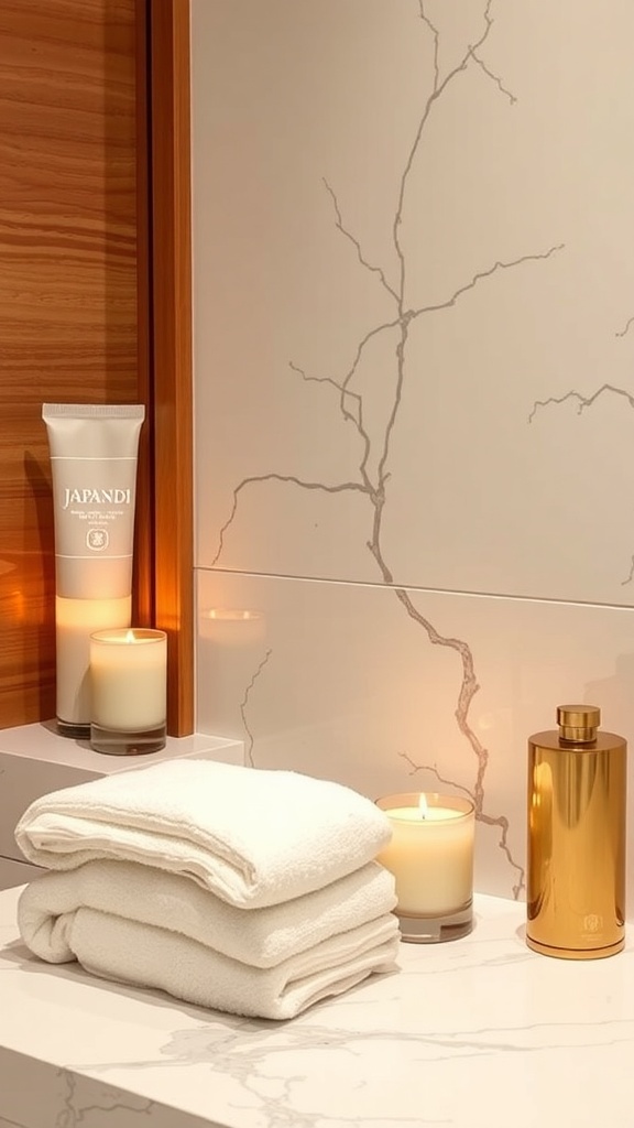 Modernes Badezimmer mit Meerblick, Kerzen und Handtüchern