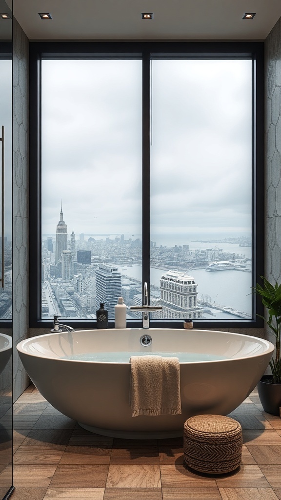 Luxuriöses Spa-Badezimmer mit Badewanne, ätherischen Ölen und Blick auf das Wasser