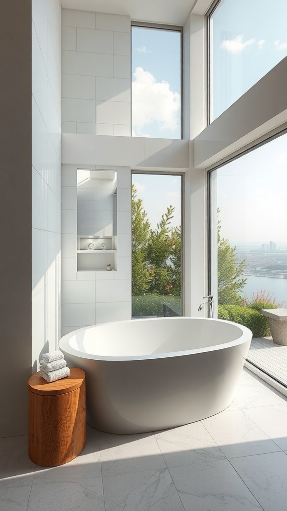 Modernes Badezimmer mit großen Fenstern und Blick auf die Natur