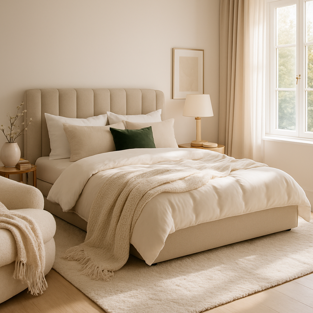 Gemütliches und elegantes Schlafzimmer mit neutralen Farben und stilvollen Möbeln.