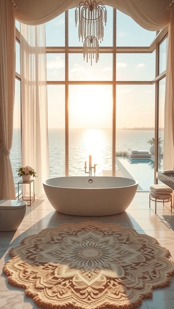 Luxuriöses Badezimmer mit großer Badewanne, Blick auf das Wasser und Sonnenuntergang