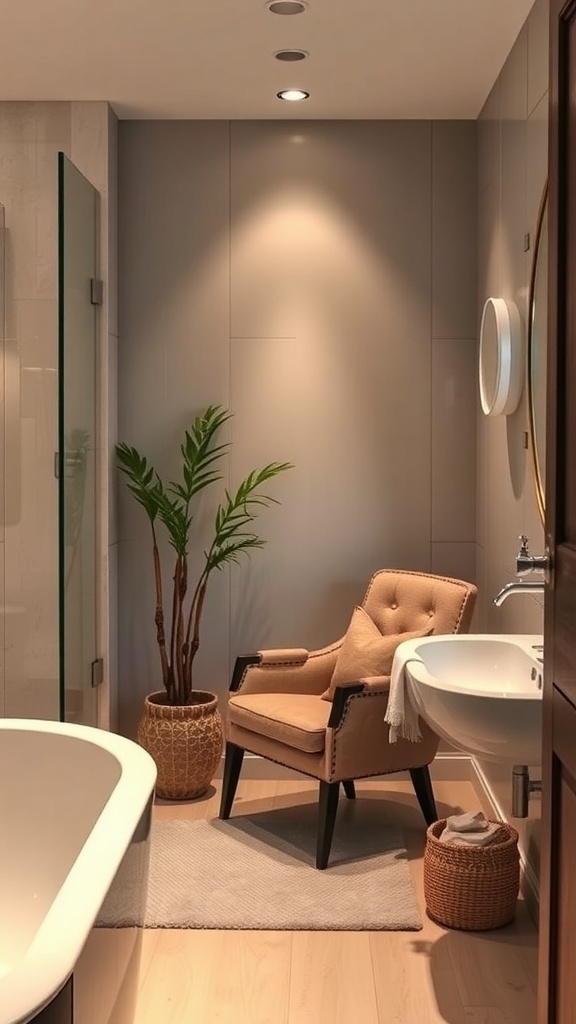 Modernes Badezimmer mit Walk-In-Dusche und Blick auf die Stadt