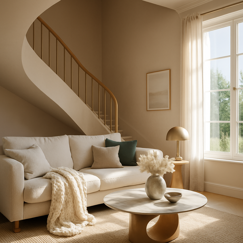 Gemütlicher Wohnbereich mit neutralen Farben, einem Sofa, einem runden Tisch und einer Treppe im Hintergrund.