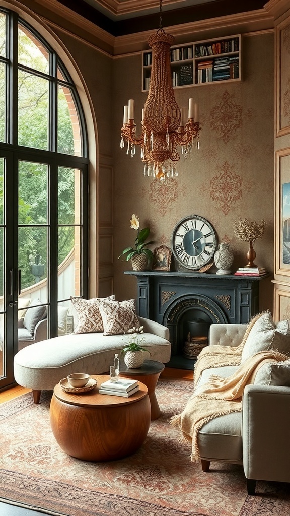 Eleganter Wohnraum mit Sofa, Sessel und Kronleuchter
