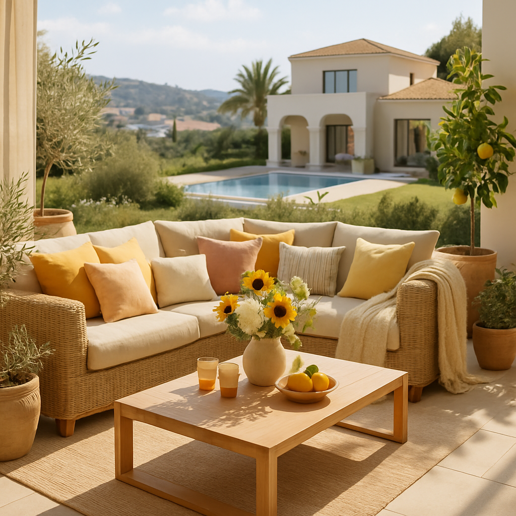Gemütliche Sitzecke im Freien mit Kissen, Tisch, Blumen und Pool im Hintergrund.